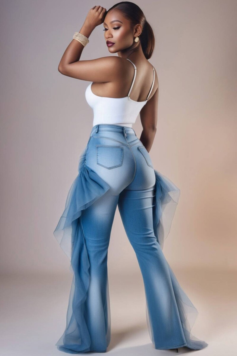 Minden évszakban hordott, minden évszakban viselt, nagy méretű, kék fodros, kontrasztos, tüll derékszögű farmer farmernadrág, női, 2025, új divat