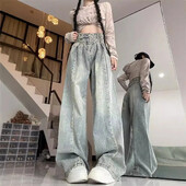 Vintažiniai šviesiai mėlyni tvirti džinsai, moteriški laisvi aukštu liemeniu liekninančios tiesios džinsinės kelnės Nauja rudens kolekcija