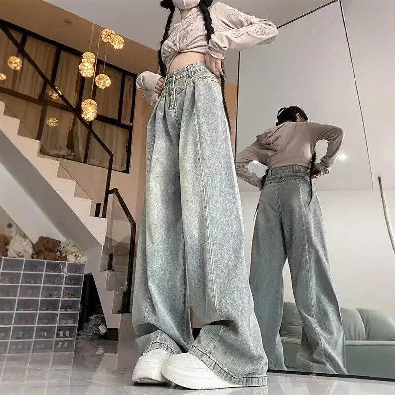Vintažiniai šviesiai mėlyni tvirti džinsai, moteriški laisvi aukštu liemeniu liekninančios tiesios džinsinės kelnės Nauja rudens kolekcija
