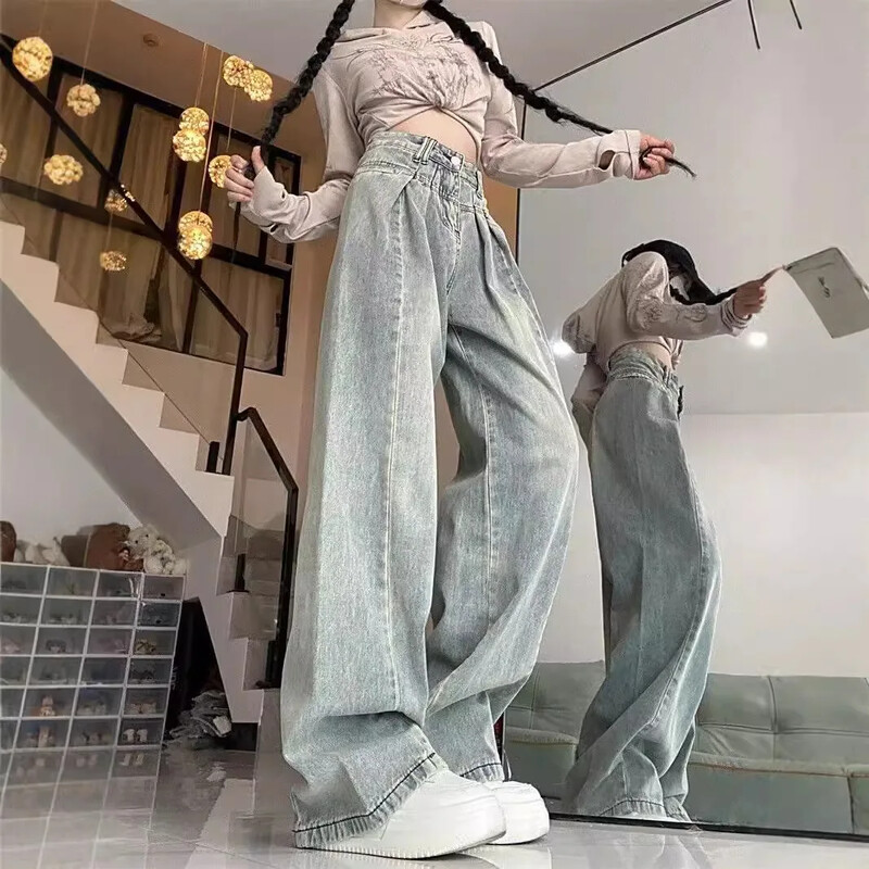 Vintažiniai šviesiai mėlyni tvirti džinsai, moteriški laisvi aukštu liemeniu liekninančios tiesios džinsinės kelnės Nauja rudens kolekcija
