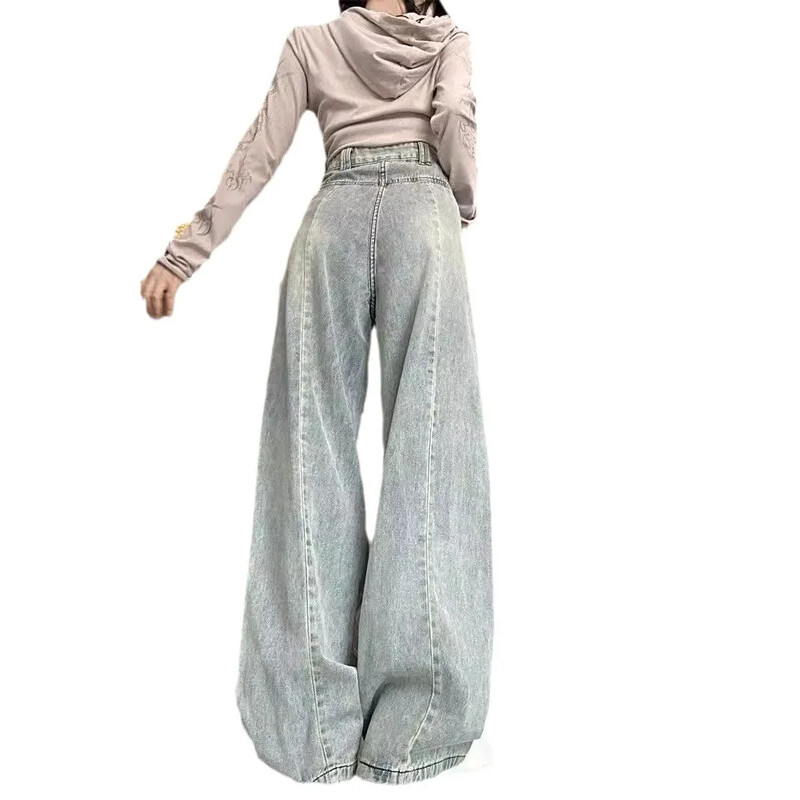 Vintažiniai šviesiai mėlyni tvirti džinsai, moteriški laisvi aukštu liemeniu liekninančios tiesios džinsinės kelnės Nauja rudens kolekcija