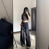 Tievējoši sieviešu džinsi ar augstu vidukli Bumbierveida, brīvi pieguļoši, taisnām kājiņām, lielizmēra sieviešu džinsa bikses