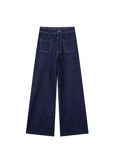 TRAFZA moteriškas mados pleistras su kišenėmis plačiomis plonomis džinsais Vintažinis aukštu juosmeniu, tiesus užtrauktuku platus džinsas gatvės stiliaus kelnės