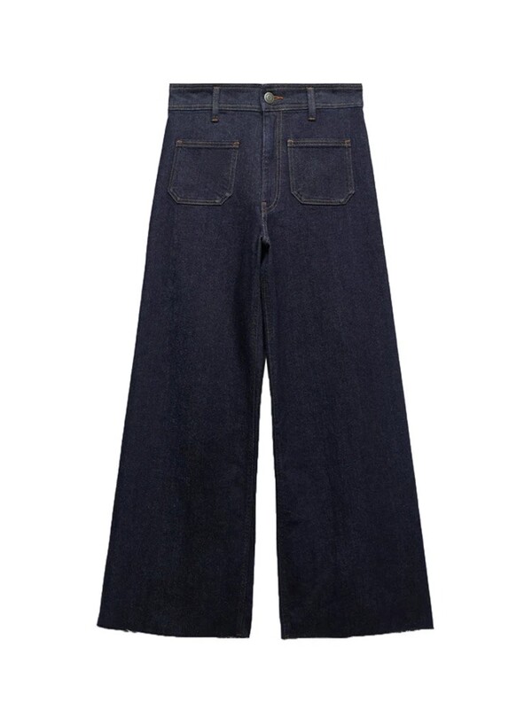 TRAFZA moteriškas mados pleistras su kišenėmis plačiomis plonomis džinsais Vintažinis aukštu juosmeniu, tiesus užtrauktuku platus džinsas gatvės stiliaus kelnės