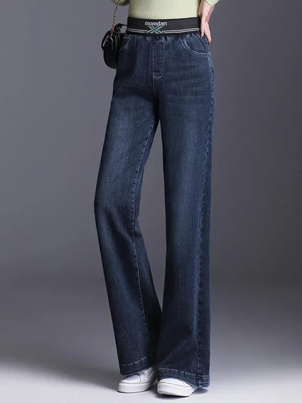 Korėjietiški madingi laisvi tiesūs džinsai moteriški elastingi aukštu juosmeniu vintažinės plačios džinsinės kelnės Laisvalaikio prašmatnūs Baggy gatvės drabužiai Vaqueros
