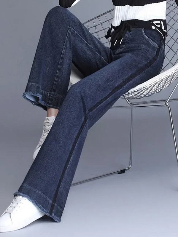 Korėjietiški madingi laisvi tiesūs džinsai moteriški elastingi aukštu juosmeniu vintažinės plačios džinsinės kelnės Laisvalaikio prašmatnūs Baggy gatvės drabužiai Vaqueros