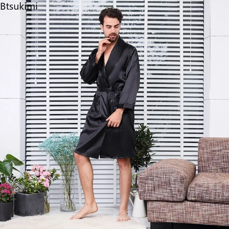 2025 m. vyriškas naktinis chalatas Kimono chalatas su kišenėmis Patogus šilko satino ilgomis rankovėmis plonas miegui skirtas drabužis pavasario vasaros poilsio salone