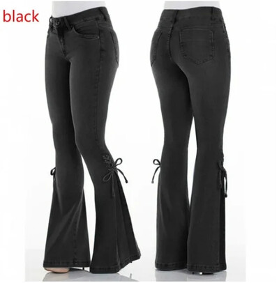 Viso ilgio platėjančios kelnės Moteriškos džinsinės kelnės su užtrauktuku, laisvai priglundančios kišenės aukštu juosmeniu.