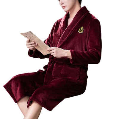 Pikkade varrukatega taskud Vöö Tikand Prindi Flanellist hommikumantel Meeste Talvine soe rev Kahepoolne fliisist öösärk Kodukandmine