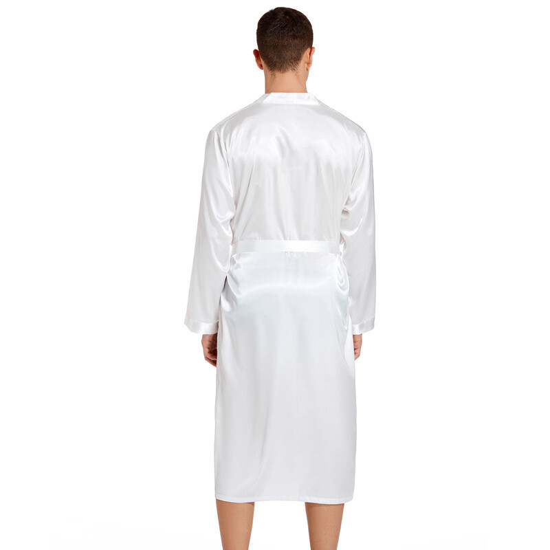 Didmeninė prekyba vyrišku V kaklo masyviu atlasiniu baltu chalatu kimono ilgas chalatas pižamos naktiniai lengvi miegui skirti drabužiai vestuvių vakarėliui