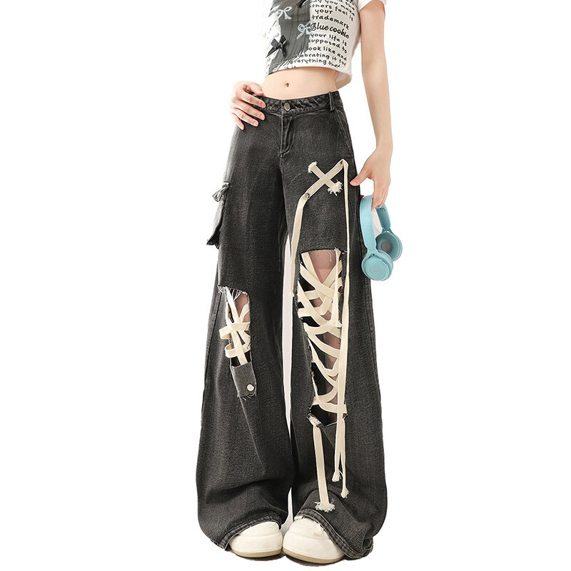 Női farmer, túlméretezett hip-hop divat, vintage utcai viselet, Y2K széles lábszár Jean, magas derekú 2024-es barát nadrág, táskás farmer nadrág