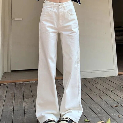 Xpqbb balti džinsai aukštu juosmeniu moterims Nauji paprasti laisvi tiesūs džinsiniai kelnės rudens žiemos laisvalaikio plačiomis kelnėmis