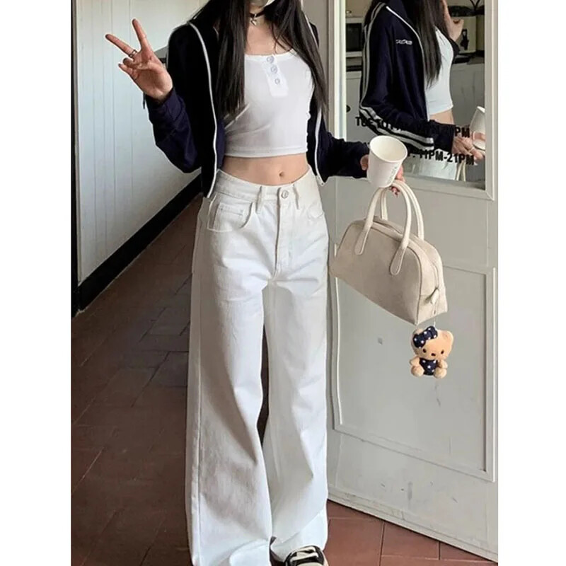 Xpqbb balti džinsai aukštu juosmeniu moterims Nauji paprasti laisvi tiesūs džinsiniai kelnės rudens žiemos laisvalaikio plačiomis kelnėmis