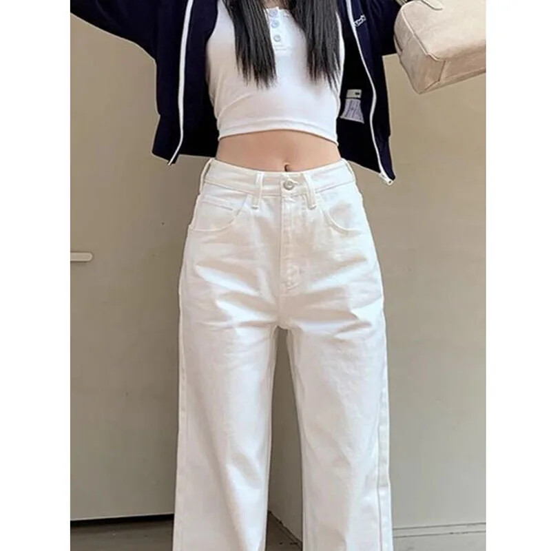 Xpqbb balti džinsai aukštu juosmeniu moterims Nauji paprasti laisvi tiesūs džinsiniai kelnės rudens žiemos laisvalaikio plačiomis kelnėmis