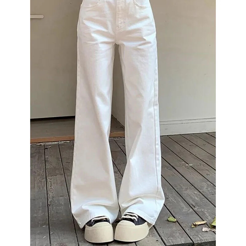 Xpqbb balti džinsai aukštu juosmeniu moterims Nauji paprasti laisvi tiesūs džinsiniai kelnės rudens žiemos laisvalaikio plačiomis kelnėmis