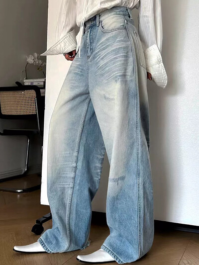 Amerikietiški retro aukštu juosmeniu, dideli džinsai, moteriški laisvalaikio kuprinė kišenė Y2K plėšytos kelnės plačios kojos Grunge Street kietos džinsinės kelnės