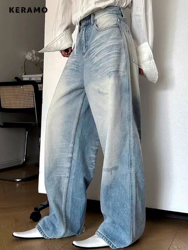 Amerikietiški retro aukštu juosmeniu, dideli džinsai, moteriški laisvalaikio kuprinė kišenė Y2K plėšytos kelnės plačios kojos Grunge Street kietos džinsinės kelnės
