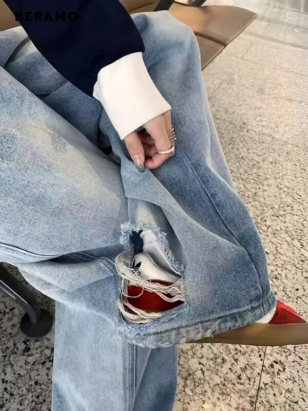 Amerikietiški retro aukštu juosmeniu, dideli džinsai, moteriški laisvalaikio kuprinė kišenė Y2K plėšytos kelnės plačios kojos Grunge Street kietos džinsinės kelnės