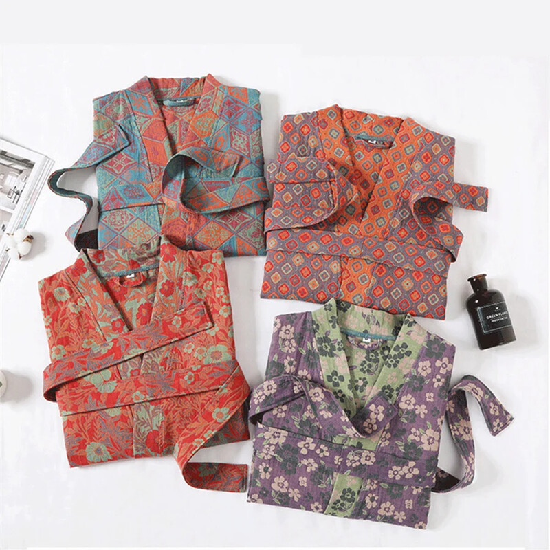 2024 m. vasaros poros chalatas, senoviniai poilsio drabužiai, dvisluoksnis marlės chalatas, vyriškas chalatas, moteriškas V formos kaklelis, kimono miegui