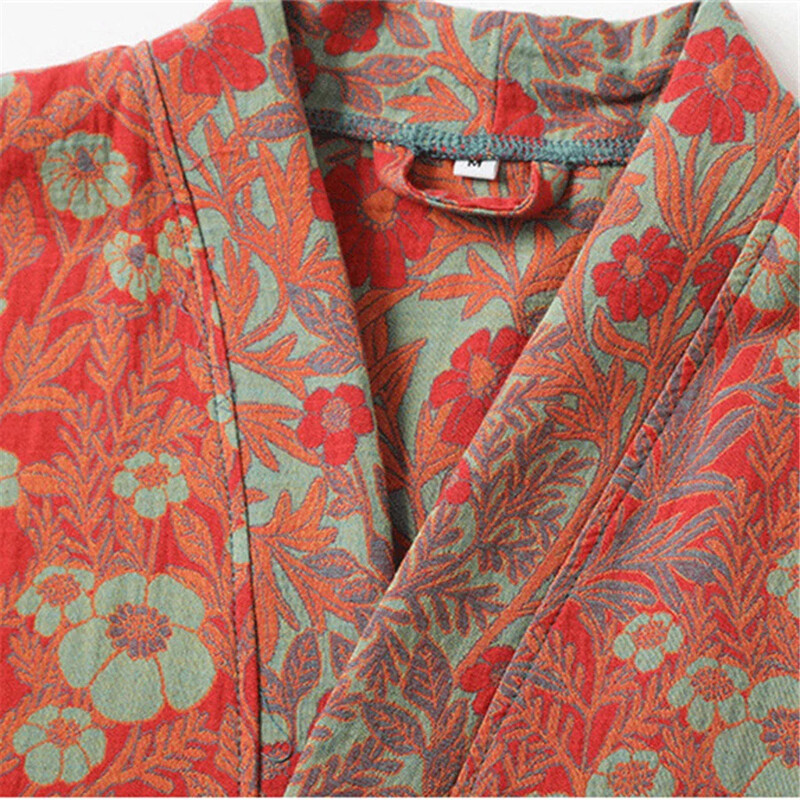 2024 m. vasaros poros chalatas, senoviniai poilsio drabužiai, dvisluoksnis marlės chalatas, vyriškas chalatas, moteriškas V formos kaklelis, kimono miegui