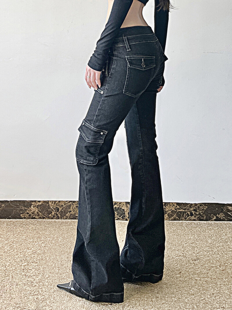 „Weekeep“ pankroko stiliaus Žvaigždės formos kniedės džinsai Žemo aukščio, kelių kišenių, džinsinio audinio kelnės Korėjos mados hipių platėjantys džinsai