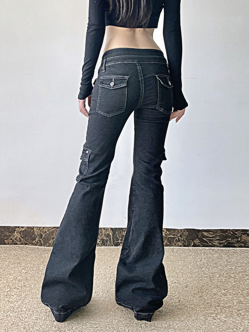 „Weekeep“ pankroko stiliaus Žvaigždės formos kniedės džinsai Žemo aukščio, kelių kišenių, džinsinio audinio kelnės Korėjos mados hipių platėjantys džinsai