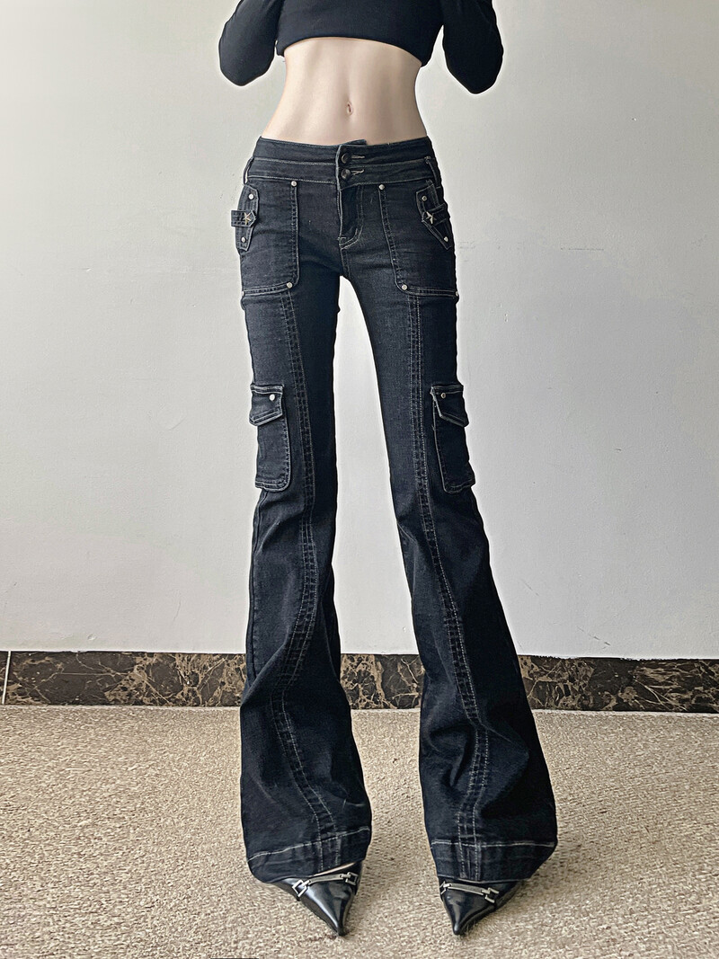 „Weekeep“ pankroko stiliaus Žvaigždės formos kniedės džinsai Žemo aukščio, kelių kišenių, džinsinio audinio kelnės Korėjos mados hipių platėjantys džinsai