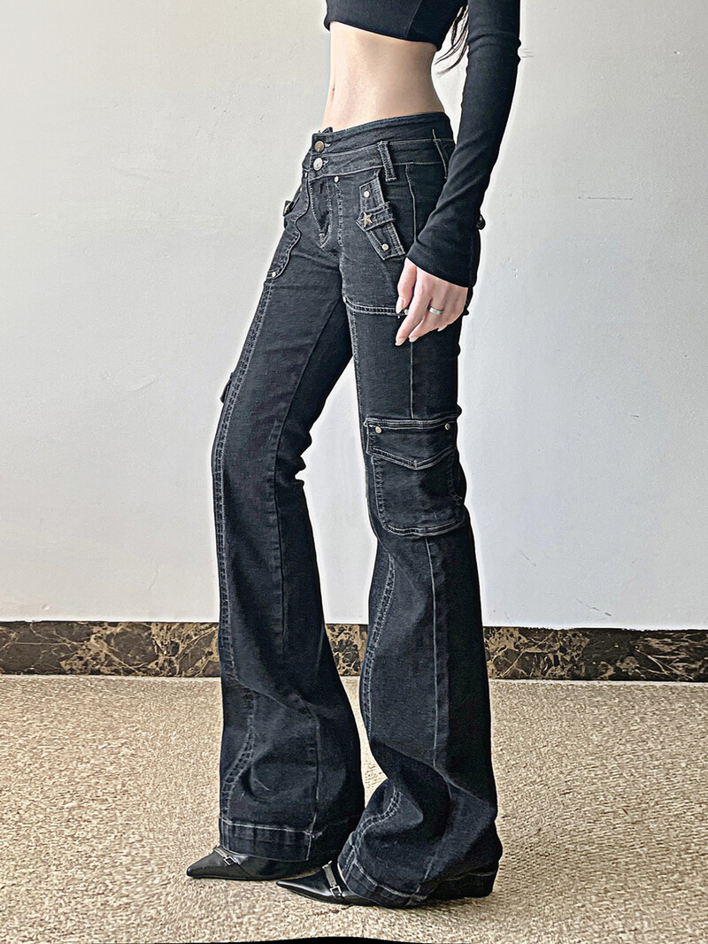 „Weekeep“ pankroko stiliaus Žvaigždės formos kniedės džinsai Žemo aukščio, kelių kišenių, džinsinio audinio kelnės Korėjos mados hipių platėjantys džinsai