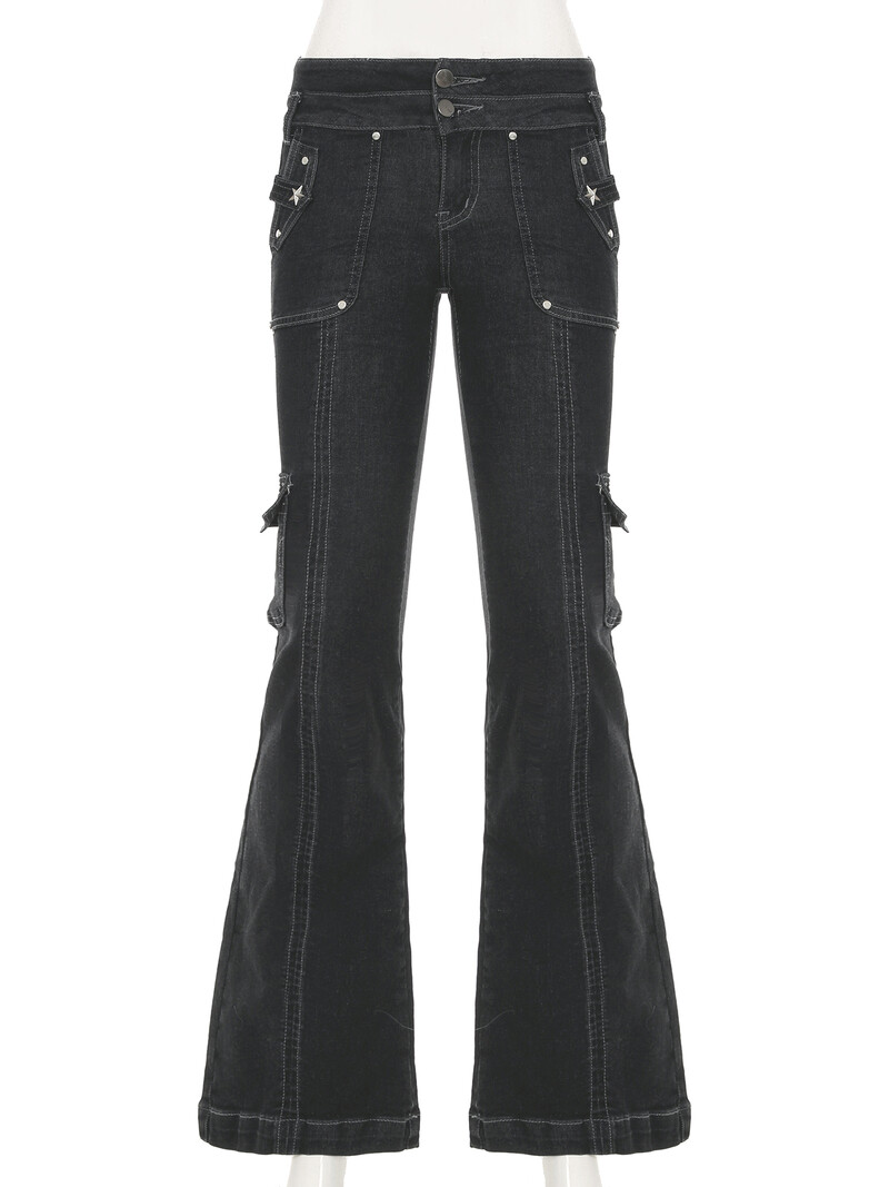 „Weekeep“ pankroko stiliaus Žvaigždės formos kniedės džinsai Žemo aukščio, kelių kišenių, džinsinio audinio kelnės Korėjos mados hipių platėjantys džinsai