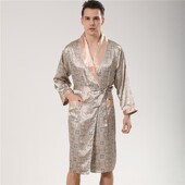 Gultasveļa Liela izmēra 3XL-5XL Vīriešu kimono halāts Vasaras Satīna Peldmētelis Apdrukāts Naktsveļa ar Jostu Atloks Lounge Wear Naktskrekls