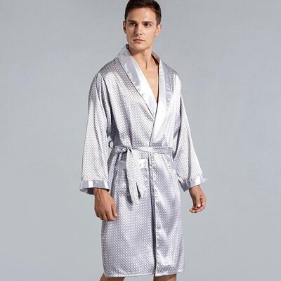 Gultasveļa Liela izmēra 3XL-5XL Vīriešu kimono halāts Vasaras Satīna Peldmētelis Apdrukāts Naktsveļa ar Jostu Atloks Lounge Wear Naktskrekls