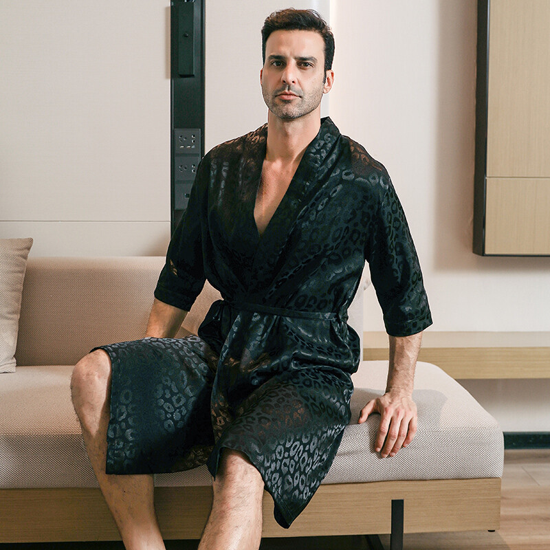 Мъжки ледени копринени сатенени пижами с половин ръкав, спално облекло, халати, халати, нощница, голям размер, пролет и есен, къси ръкави