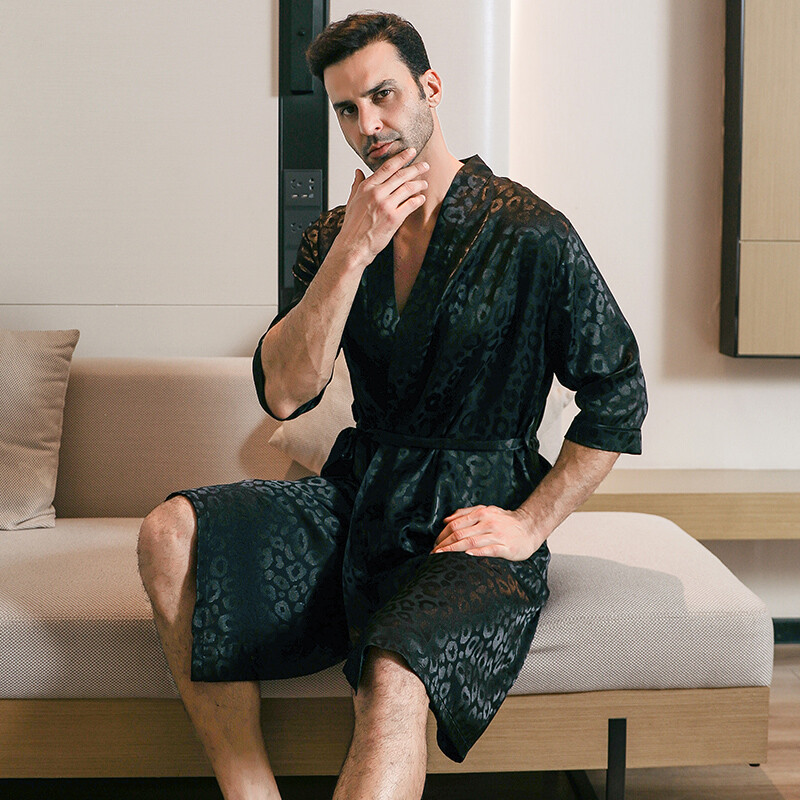 Мъжки ледени копринени сатенени пижами с половин ръкав, спално облекло, халати, халати, нощница, голям размер, пролет и есен, къси ръкави