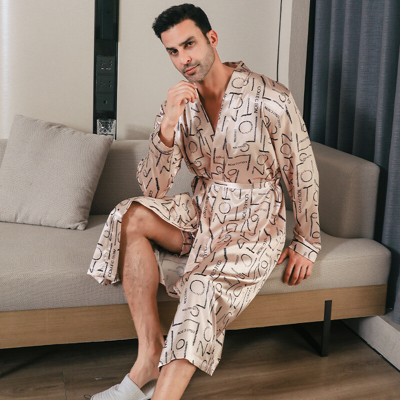 Pidžama vīriešu pavasara un rudens zīda plāna stila lielizmēra pidžamas peldmēteļi ar garām piedurknēm ledus zīda peldmēteļi mājas apģērbi vasarai