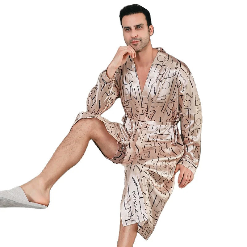 Pidžama vīriešu pavasara un rudens zīda plāna stila lielizmēra pidžamas peldmēteļi ar garām piedurknēm ledus zīda peldmēteļi mājas apģērbi vasarai