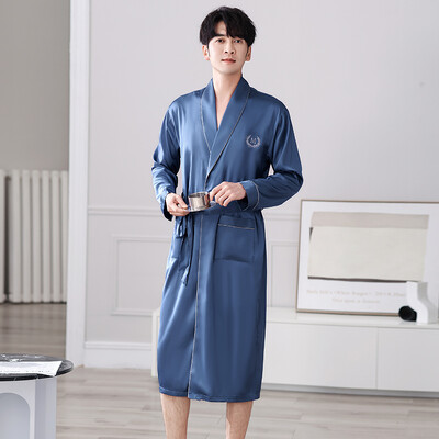 Vīriešu zīda satīna pidžamas guļamveļa halāts ar garām piedurknēm halāti Peldmētelis V veida kakla naktskrekls