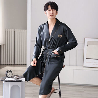 Vīriešu zīda satīna pidžamas guļamveļa halāts ar garām piedurknēm halāti Peldmētelis V veida kakla naktskrekls