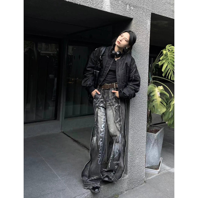 Naiste mustad gooti teksad Harajuku Y2k 90ndate esteetilised kottis teksariidest püksid Korea punk Jean Püksid Vintage 2000. aastate räpased riided