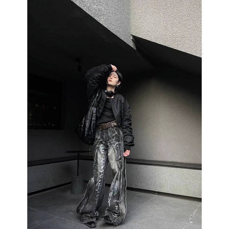 Naiste mustad gooti teksad Harajuku Y2k 90ndate esteetilised kottis teksariidest püksid Korea punk Jean Püksid Vintage 2000. aastate räpased riided