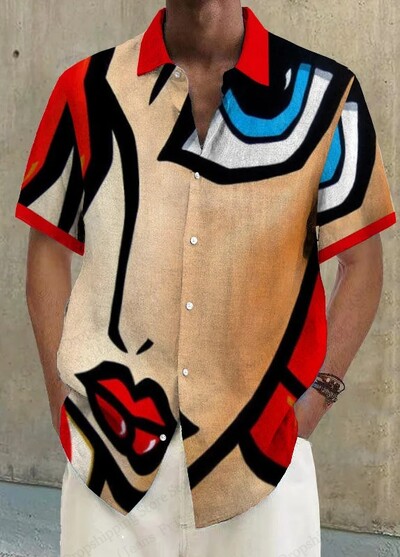 2025 m. Naujos mados veido 3d spausdinimo paplūdimio marškiniai Vasariniai trumpomis rankovėmis Havajų marškiniai Vyriški palaidinės Dideli marškiniai Vyriški drabužiai 5xl