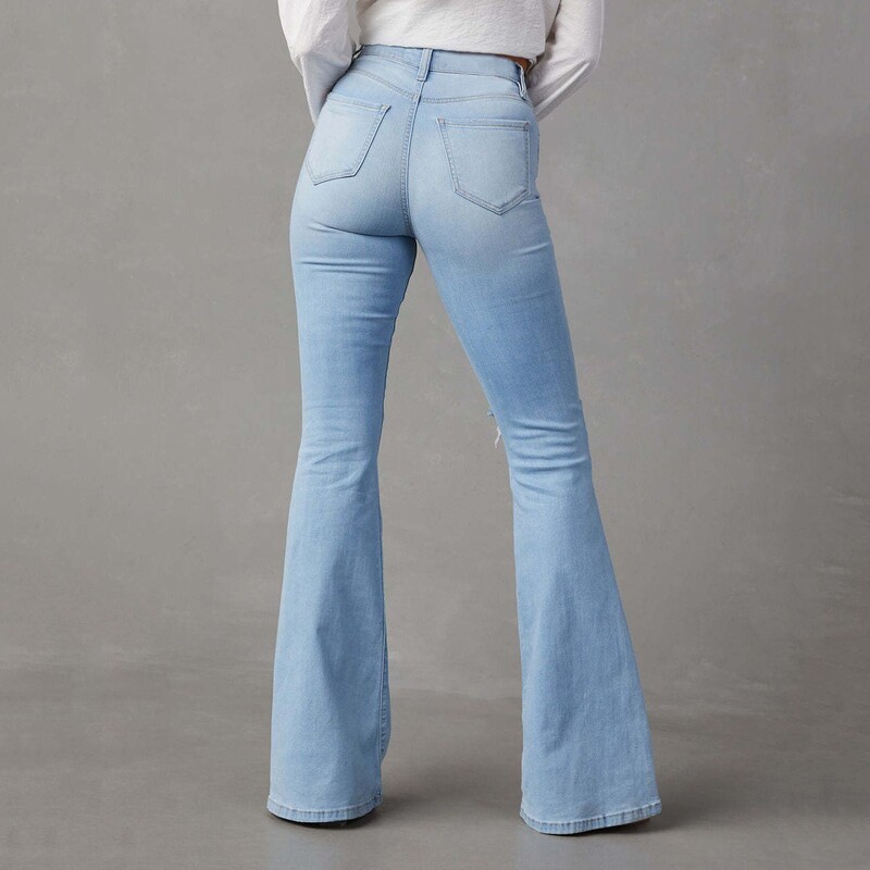 Moteriški plėšyti platėjantys džinsai iki juosmens, plačios kojos, džinsinės kelnės Gatvės apranga Vintažinės mėlynos kelnės
