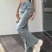 Amerikāņu stila sieviešu džinsi Jauns dizains Sensibility Bikses ar augstu vidukli, slaidinošs ar zvana apakšu, sānu šķēlums ar mikro uzplaiksnījumu rudens ziema