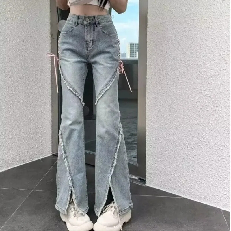 Amerikāņu stila sieviešu džinsi Jauns dizains Sensibility Bikses ar augstu vidukli, slaidinošs ar zvana apakšu, sānu šķēlums ar mikro uzplaiksnījumu rudens ziema