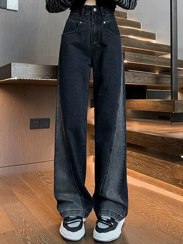 Moteris džinsai su aukštu juosmeniu Moteris amerikietiškos High Street Patchwork tiesios kelnės mergaitei juoda pilka kontrastingos spalvos plačios kelnės