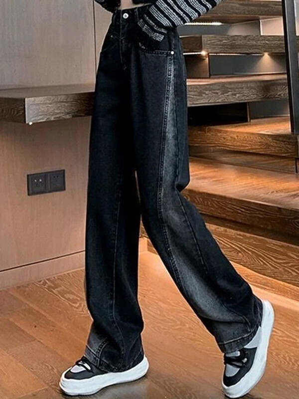 Moteris džinsai su aukštu juosmeniu Moteris amerikietiškos High Street Patchwork tiesios kelnės mergaitei juoda pilka kontrastingos spalvos plačios kelnės