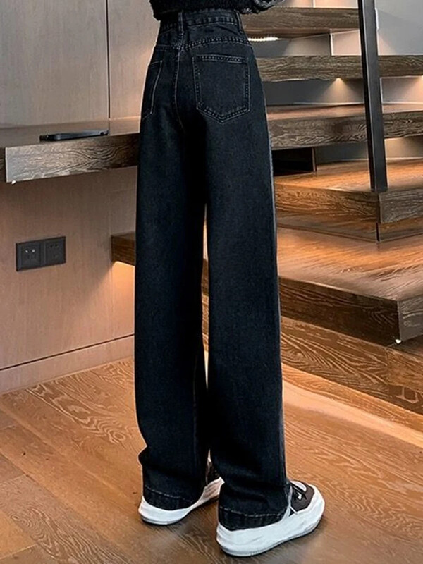 Moteris džinsai su aukštu juosmeniu Moteris amerikietiškos High Street Patchwork tiesios kelnės mergaitei juoda pilka kontrastingos spalvos plačios kelnės