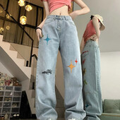 Džinsi High Street Sieviešu retro mazgātas bikses ar izšūtām platām kājām