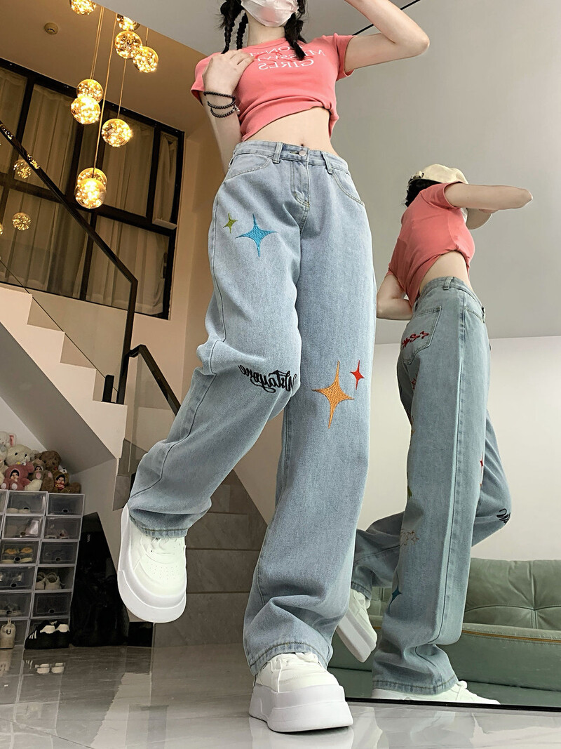 Džinsi High Street Sieviešu retro mazgātas bikses ar izšūtām platām kājām