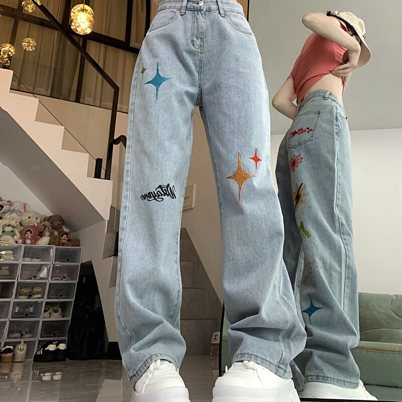 Džinsi High Street Sieviešu retro mazgātas bikses ar izšūtām platām kājām