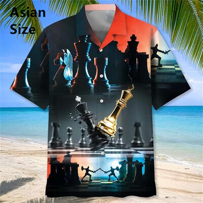 Vintage šaha raksts Chemises Hommes 3D Printed Atloks ar īsām piedurknēm Havajiešu krekli Vasaras pogas Blūzes Topi Vīriešu apģērbi